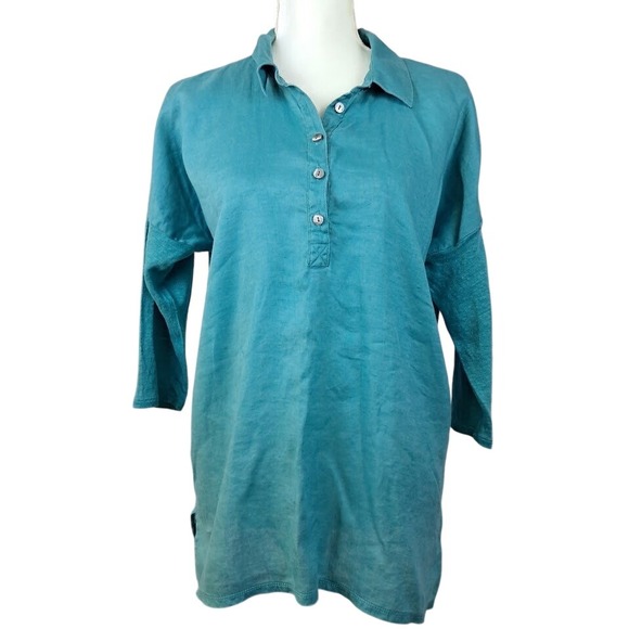J. Jill Tops - J JILL S Love Linen Teal Blue Tunic Top 3/4 Sleeve Button Neck Popover Relaxed